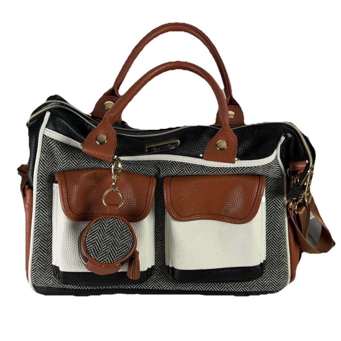 Itzy Ritzy Triple Threat Convertible Diaper Bag Coffee Cream Herringbone Euc
